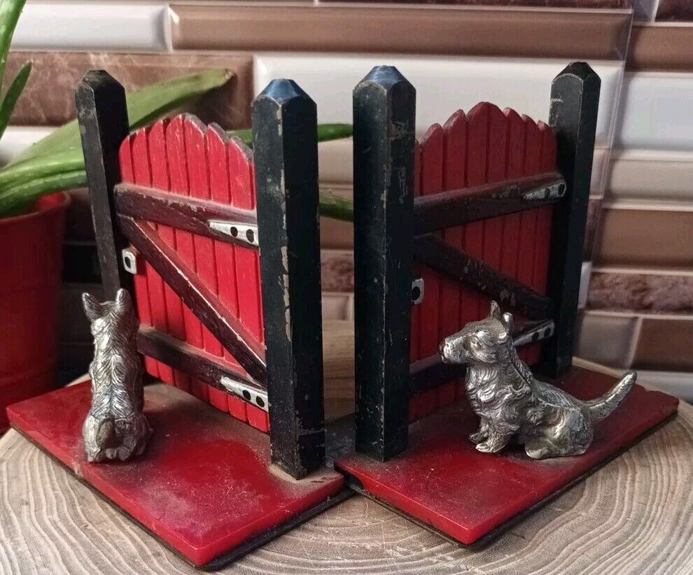 Antique Scottie Dogs at Fence American bookends cast iron original paint