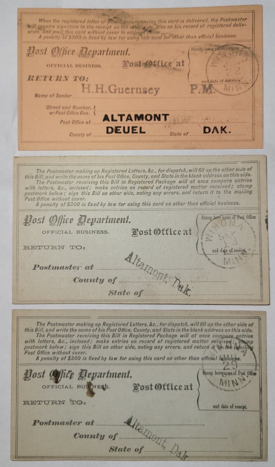 4 VTG POST OF RETURN REC, 1883 Altamont, DK to Winona, MN. Nice Seal & Colors.