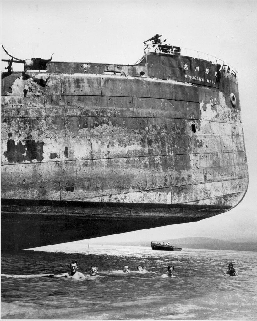 B&W WWII Photo US Sailors Swim Near Shipwreck  WW2 World War Two US Navy USN 