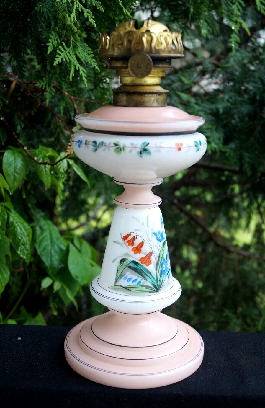 Antique 1910 Art Nouveau French Hand Painted Milk Glass Oil Lamp - MUST SEE