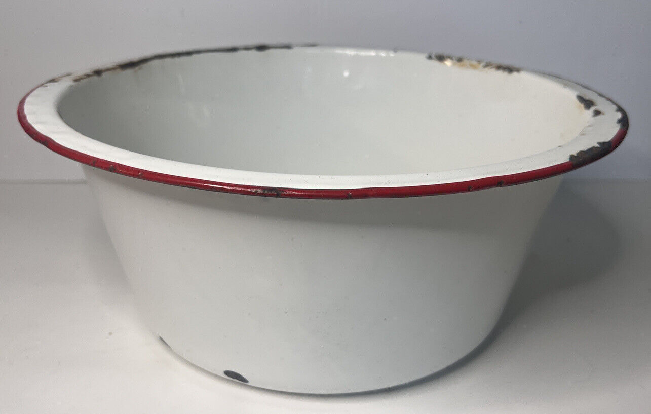 Vintage White Porcelain Enamel on Iron Wash Basin Red Trim 13 1/2” across  6” H
