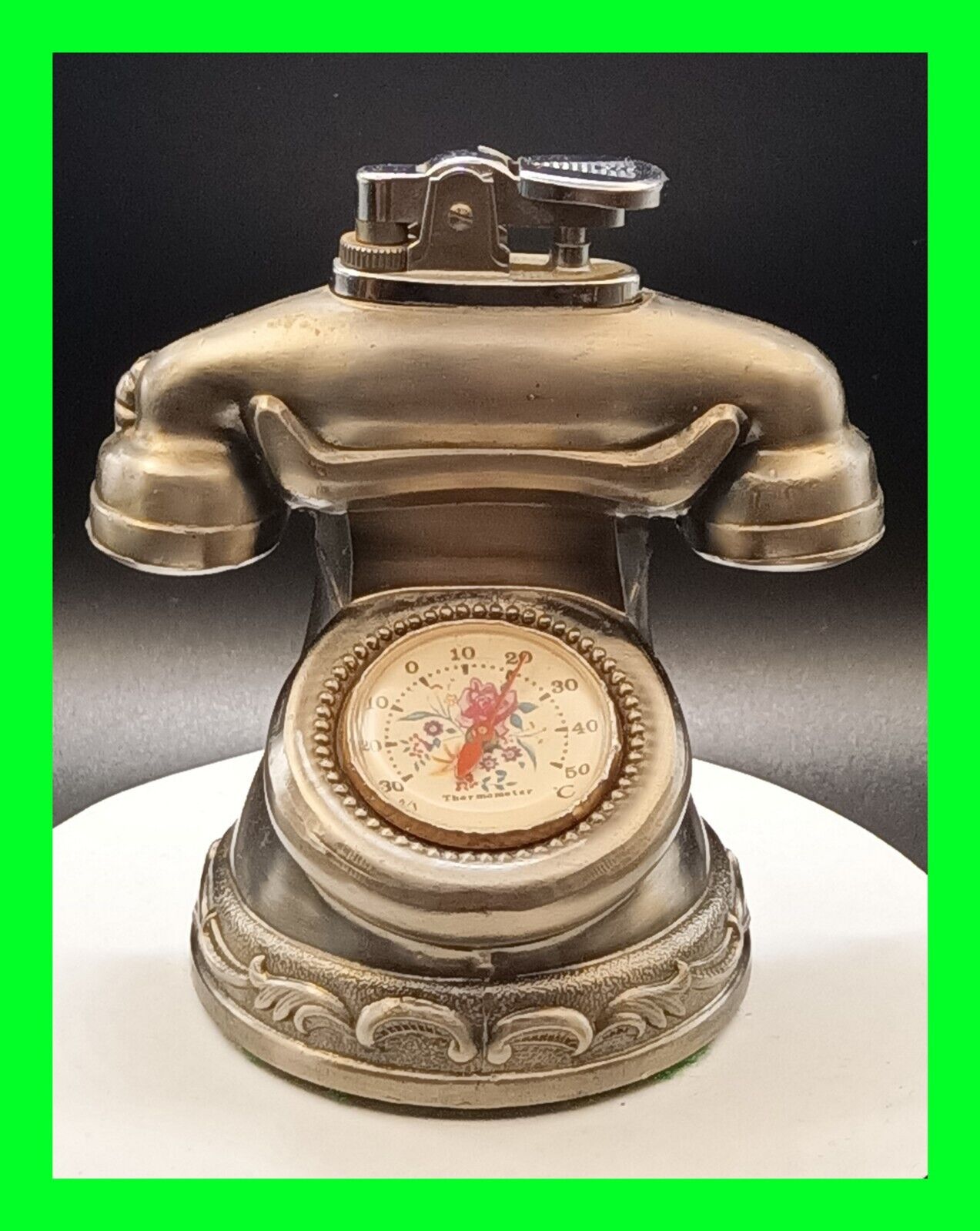 Unique Vintage Figural Telephone Petrol Table Lighter & Thermometer BOTH Working