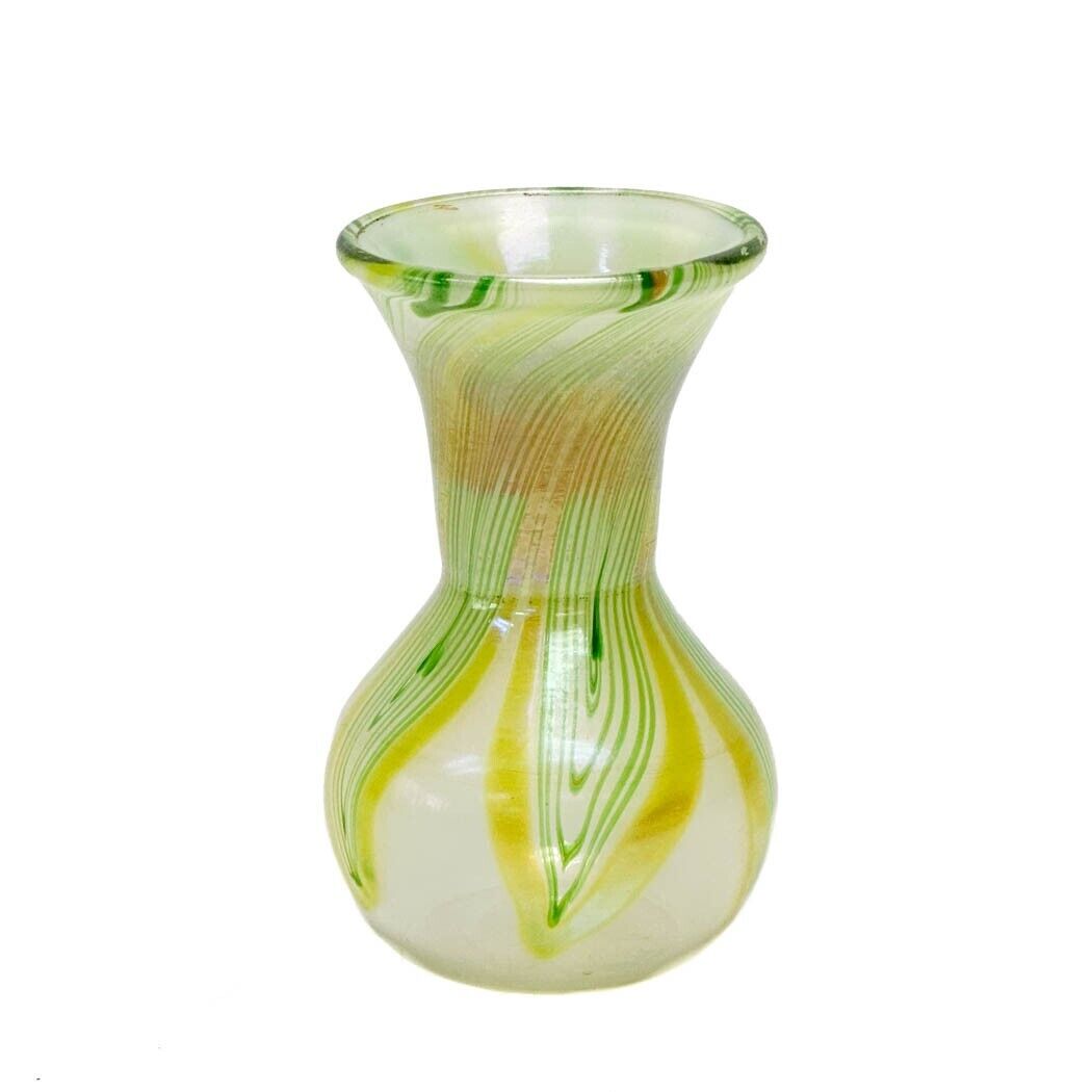 LCT Tiffany Miniature Art Glass Vase White Green & Gilt circa 1900