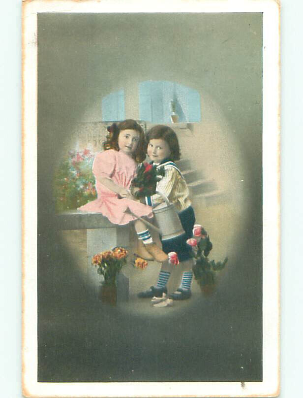 Pre-Linen foreign EUROPEAN GIRL WITH FLOWERS AND BOY WITH WATERING CAN J4345