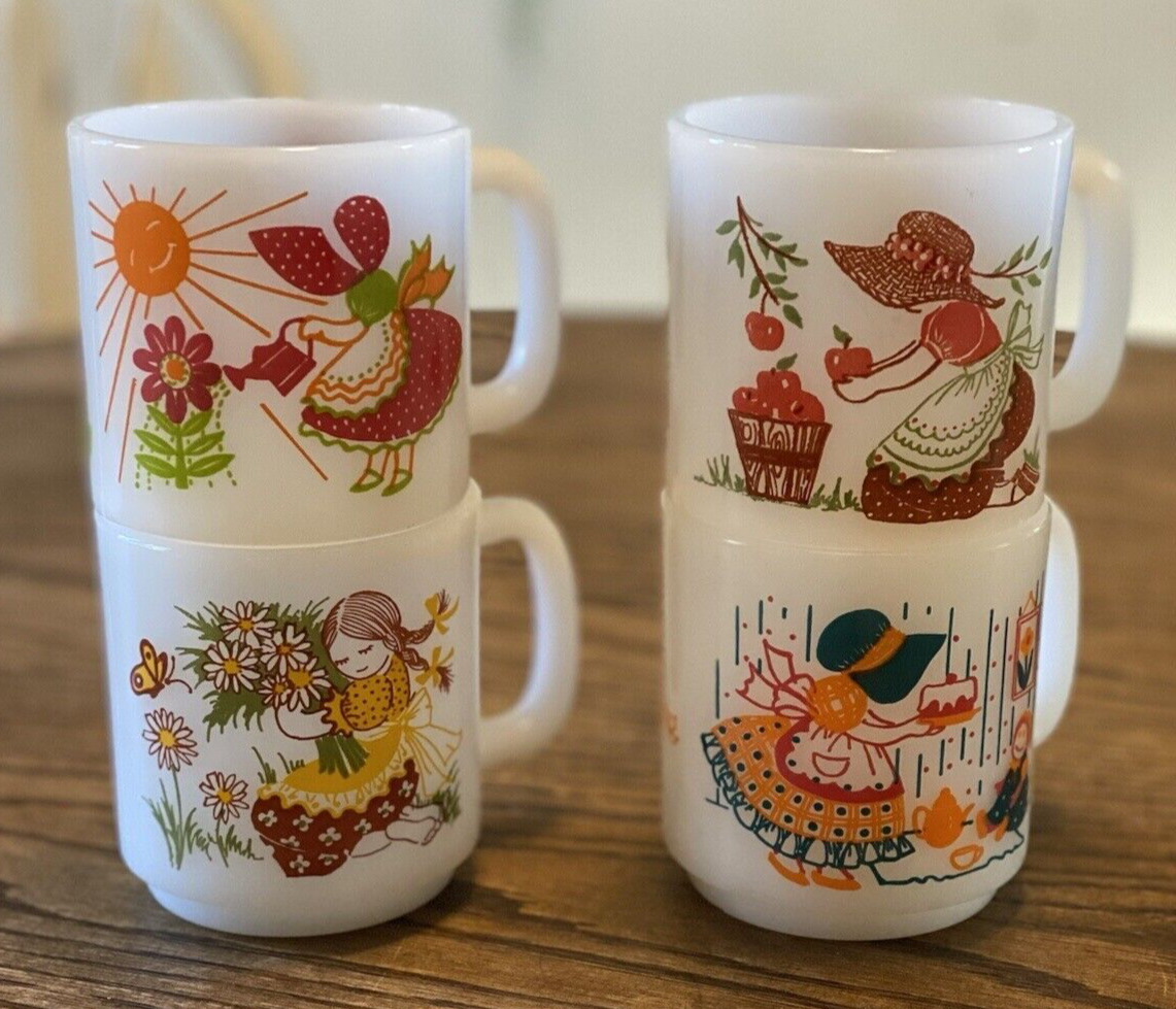 Vintage Glasbake Milk Glass Coffee Cups Mugs Girls Bonnets Set of 4