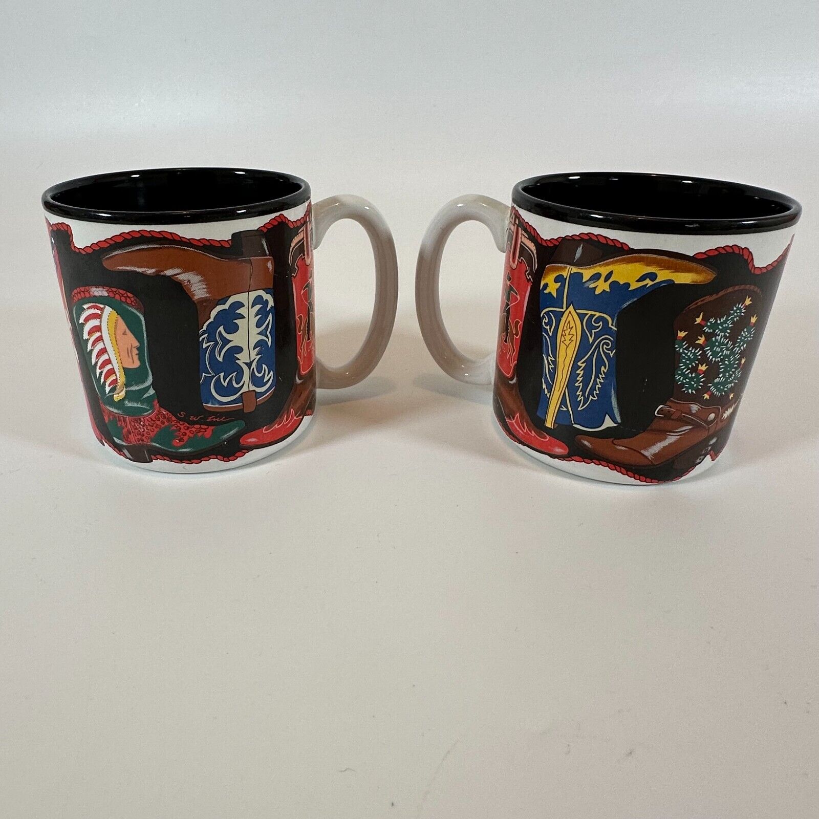 Vtg Potpourri Designs Mug Cup Two Steppin Country Western Boots 2 Set Korea 90s