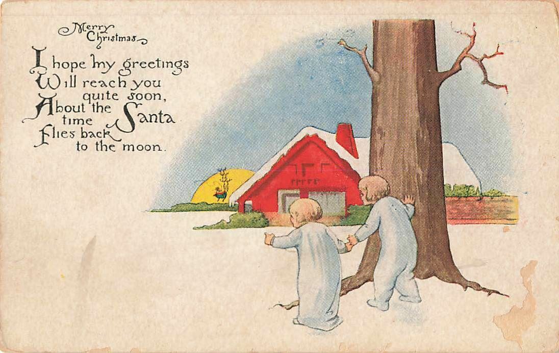 c1915  Children Hide Behind Tree Santa Claus Reindeer Flying Christmas P296