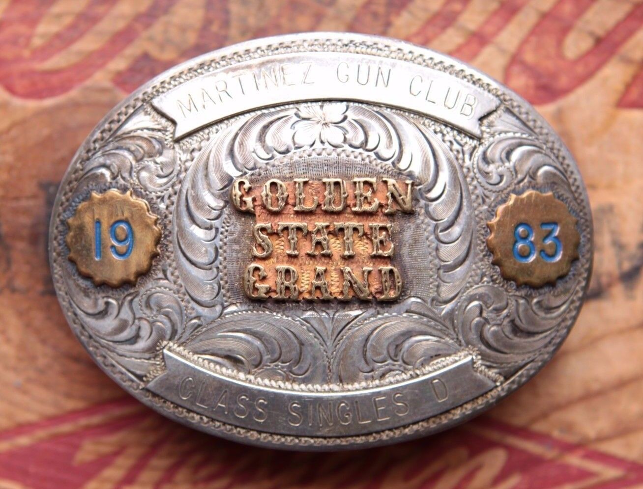 Vintage Martinez Gun Club Golden State Grand 1983 Western Trophy Belt Buckle