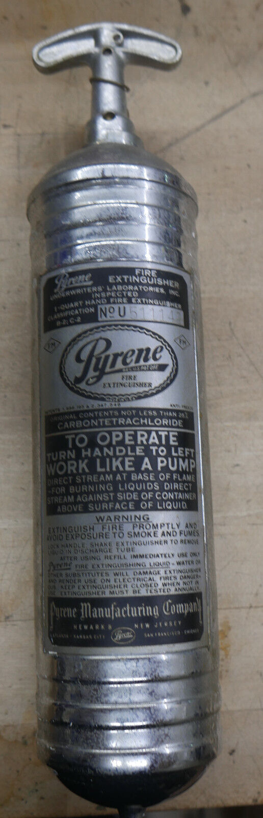 Vintage PYRENE Water Fire Extinguisher. no 511140  . 1 -quart .  Newark N.J.