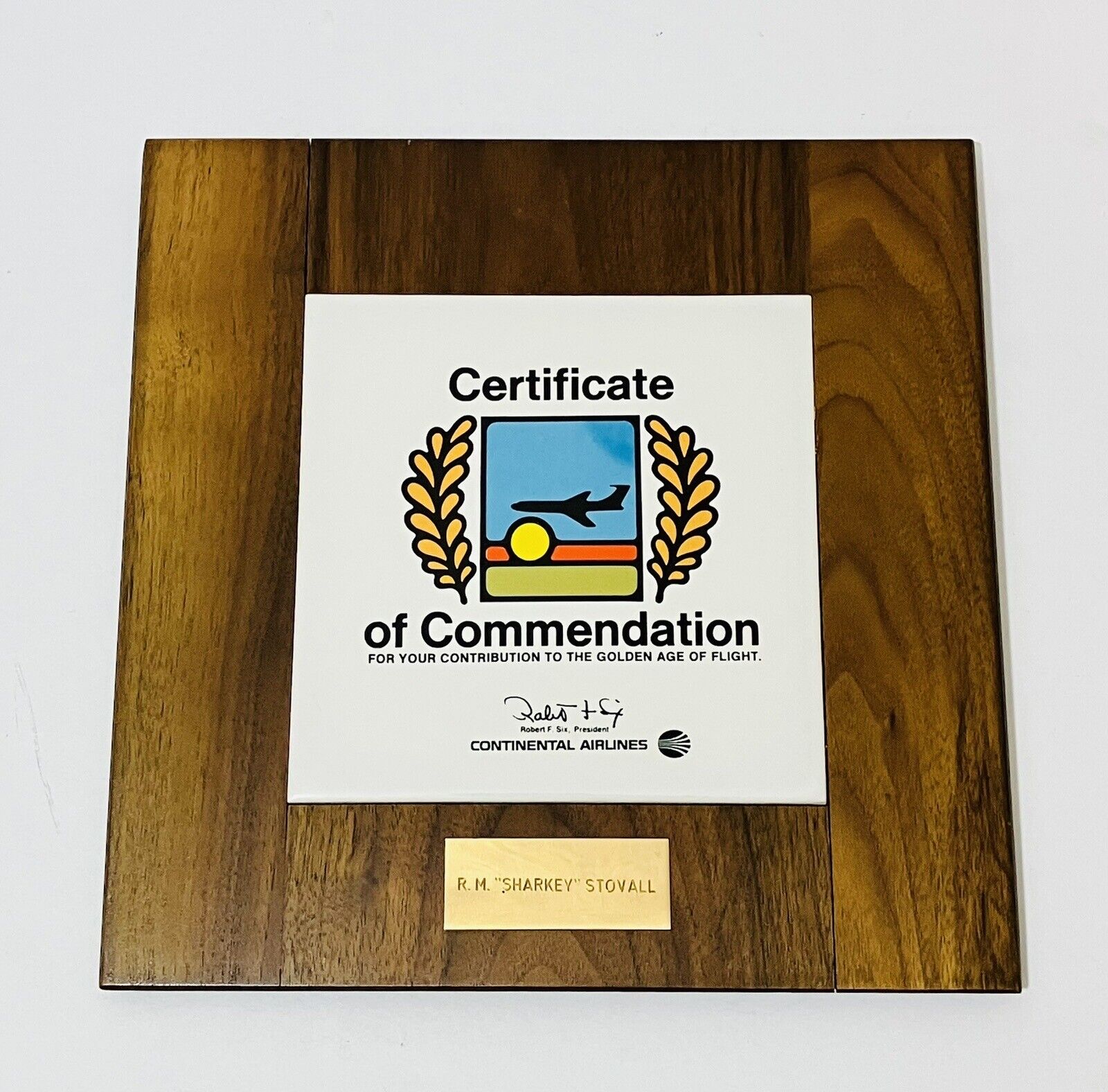 Vintage Continental Airlines Certificate Of Commendation Award Plaque 