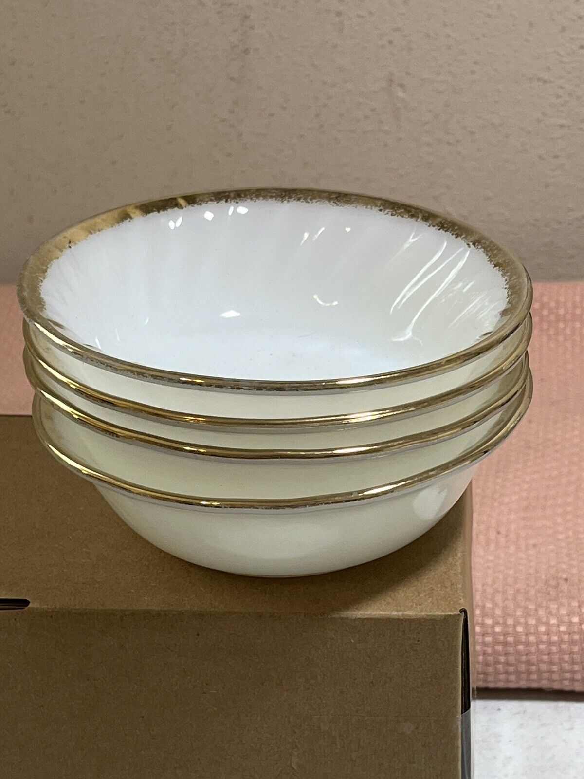 Set of 4 Vintage 5” Fire King Swirl Bowl Milk Glass Gold Trim