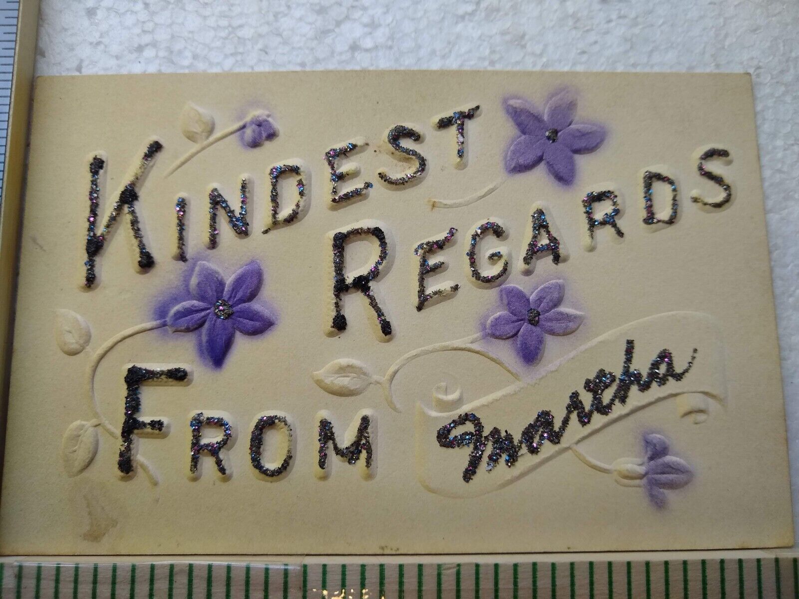 Postcard Embossed Flower & Text Print Greeting Card Kindest Regards