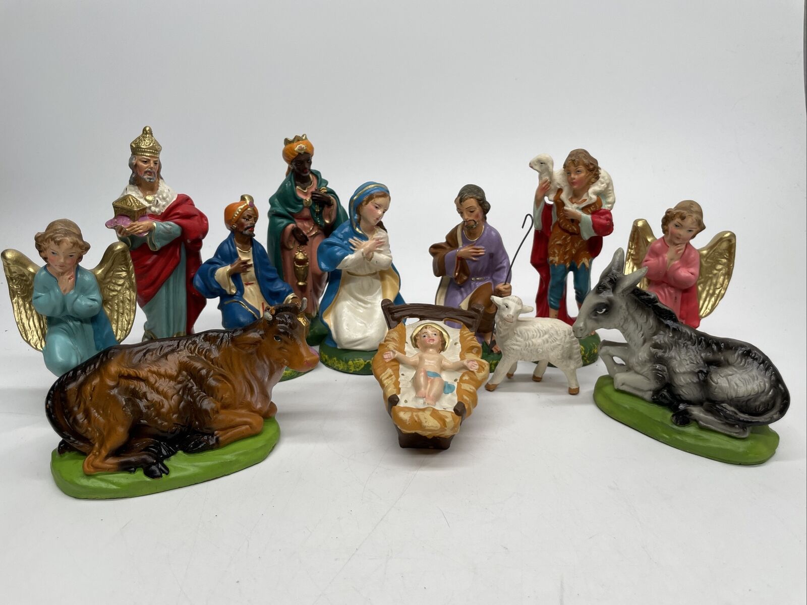 Nativity Set Chippy Hand Painted Italian Paper Mache Set 12 Italy Figurines VTG