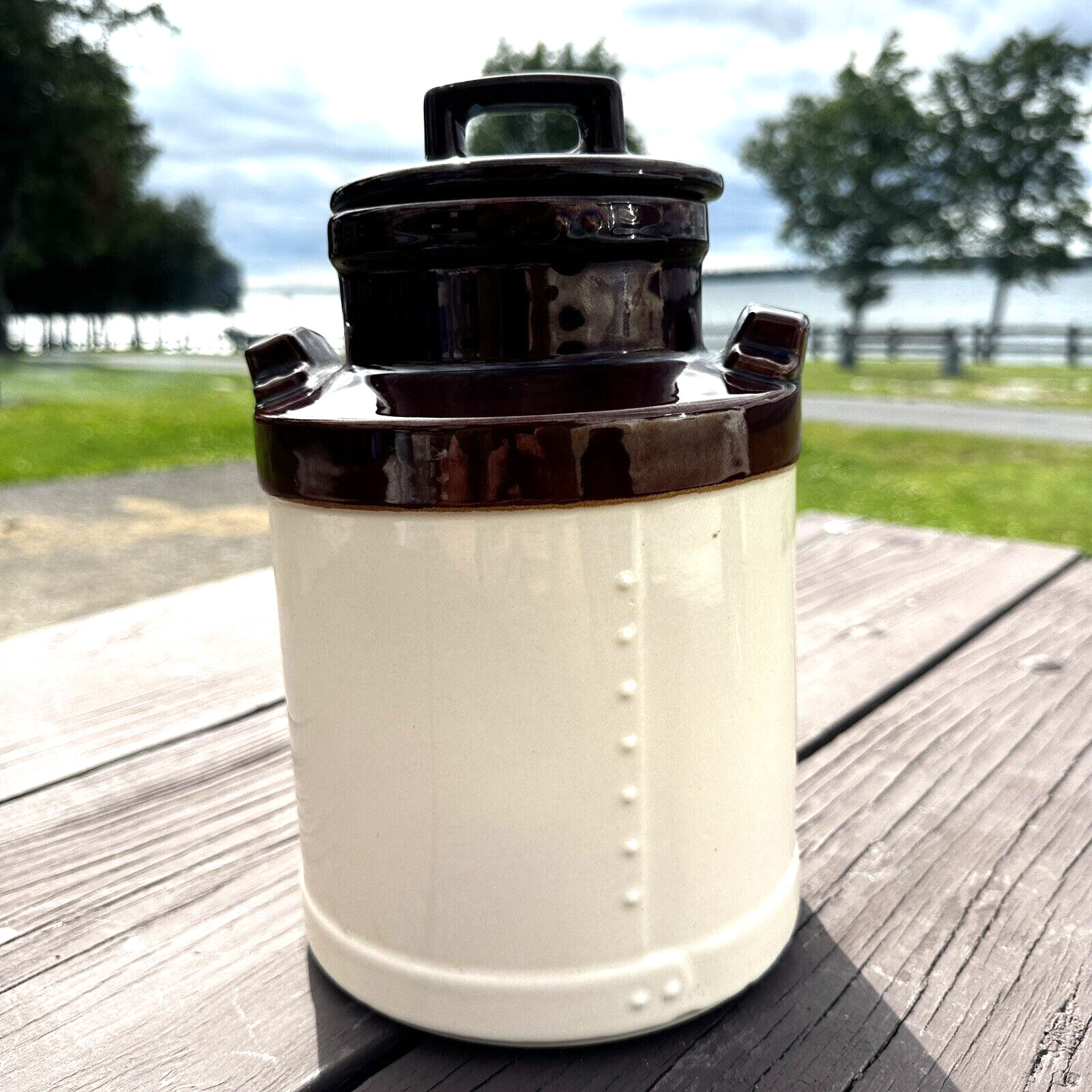 Vintage Nelson McCoy Canister Milk Can Shape USA 333 Cream Brown Lid Crock Pot