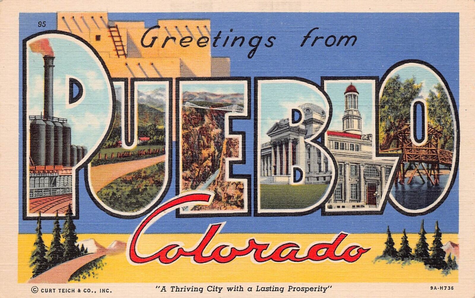 Pueblo CO Colorado Large Letter Courthouse Oil Refinery Bridge Vtg Postcard C33