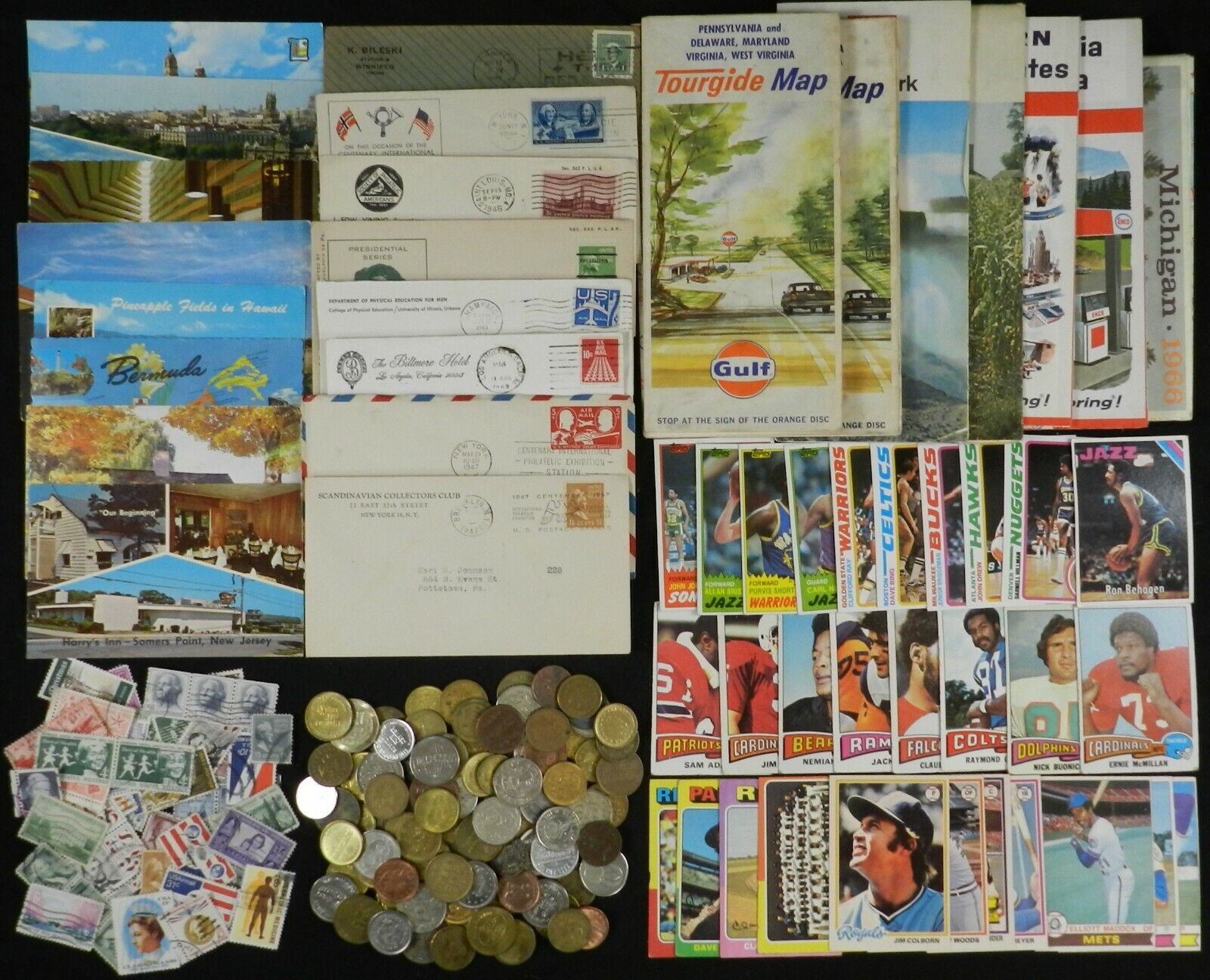 VTG/Antique Grab Bag Lot-Map,Coin,Stamps,Postcard,Envelope,1970's Baseball,FB,BB