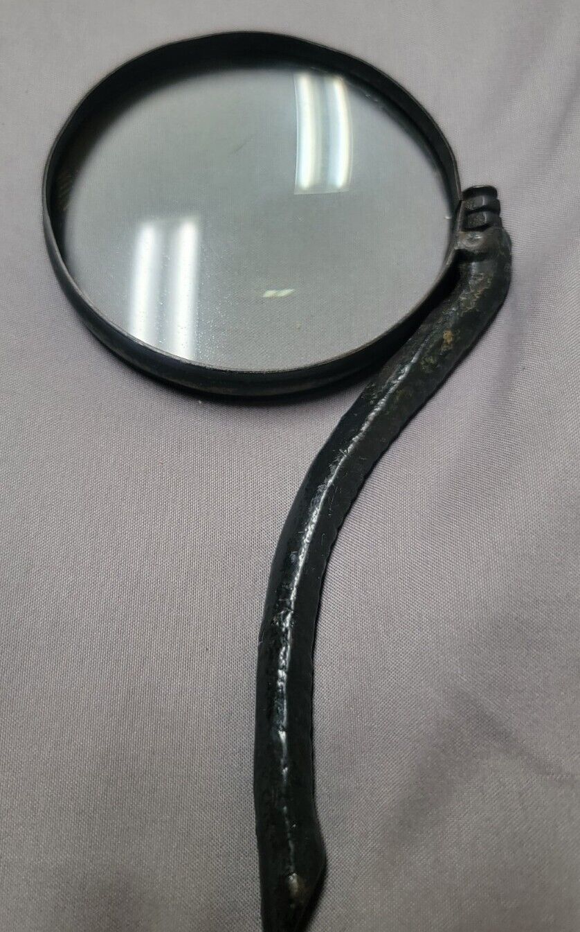 Vintage Black Metal Magnifying Glass With Curved Handle
