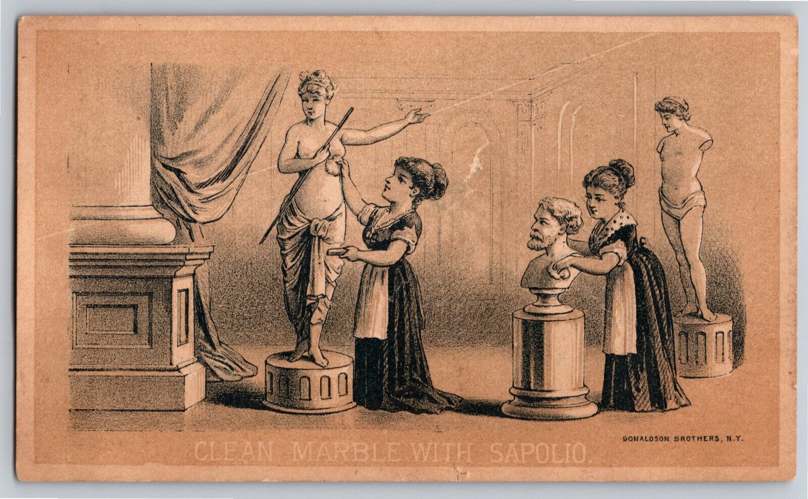 Enoch Morgan\'s Sons Sapolio Victorian Trade Card - Maids Clean Marble Statues