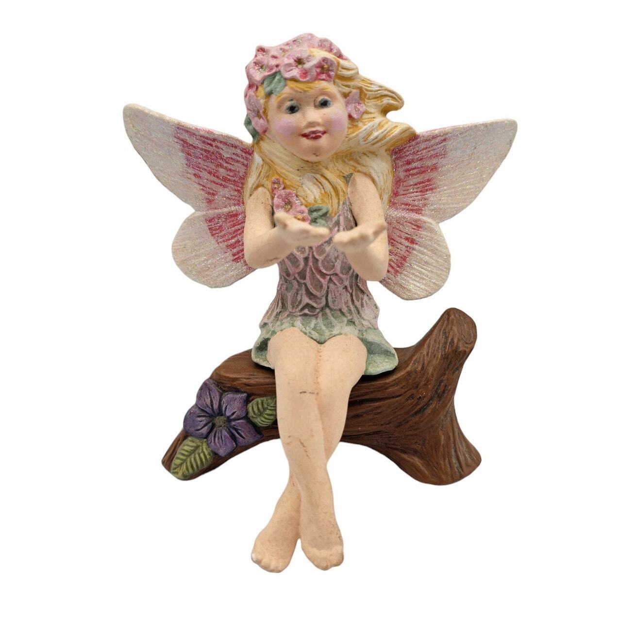 Vintage 1990s Fairy Princess Ceramic Figurine Sitting On Log Hand Painted