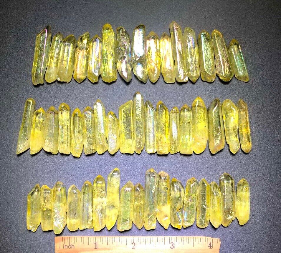 50pcs Titanium Rainbow Aura Quartz Crystal Citrine Yellow Points Wands Lemurian