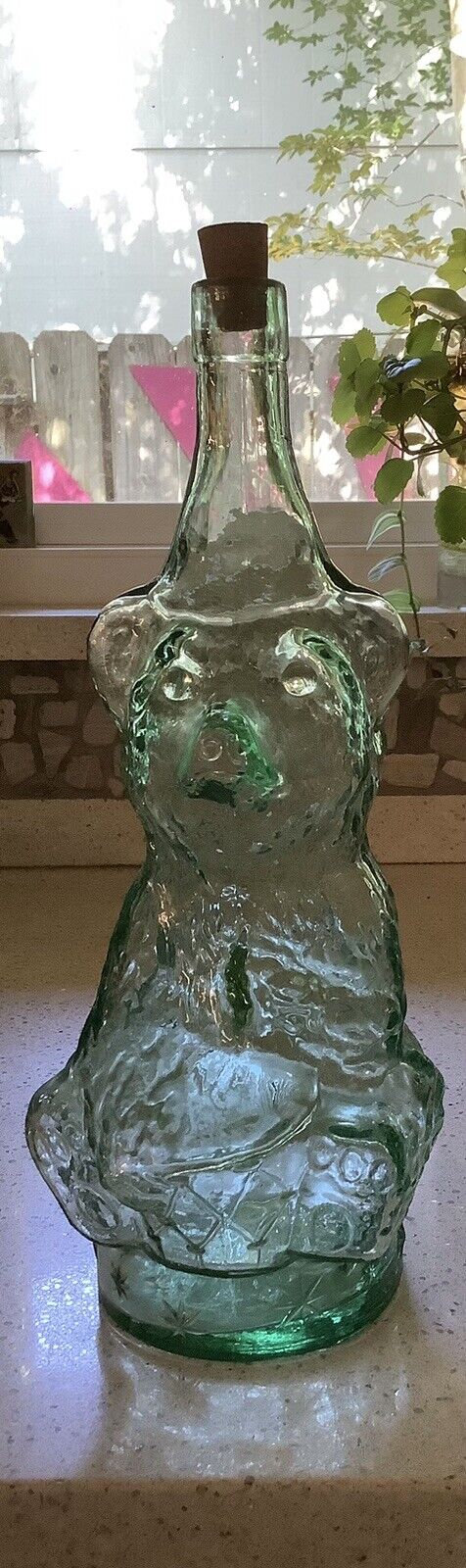 Antique Green Glass Bottle, Bear Playing Drum, Mint Condition