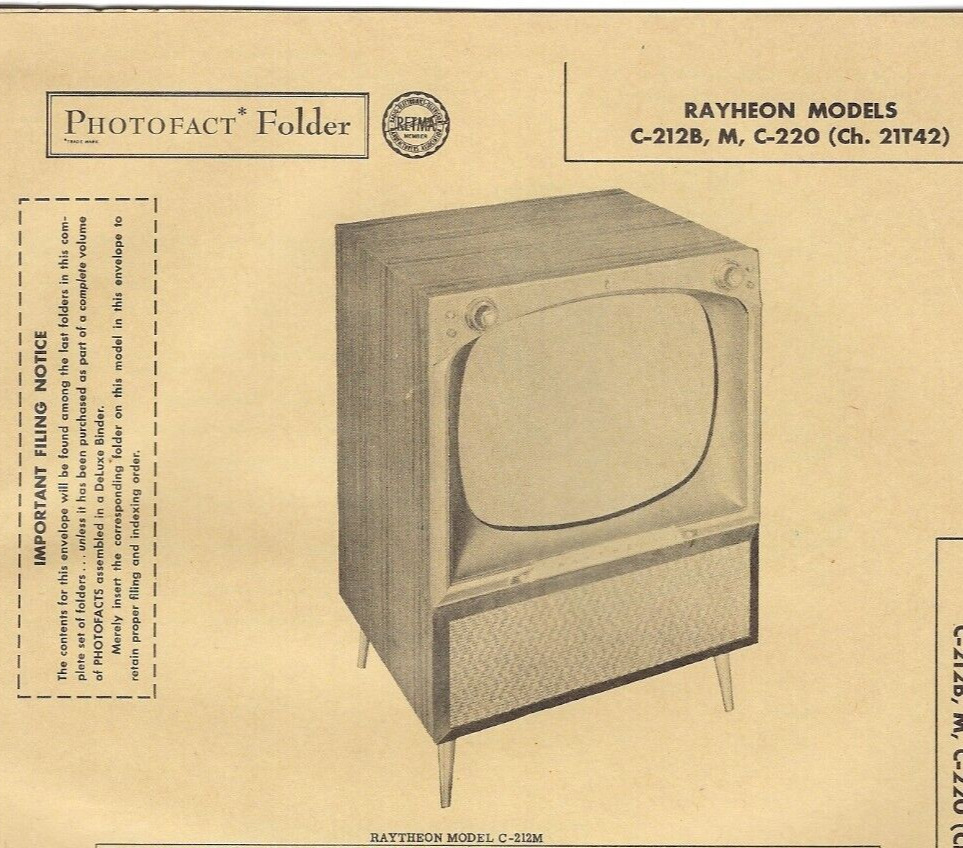 1956 RAYTHEON C-212B TELEVISION Tv Photofact MANUAL C-212M C-220 C212B C212M Vtg