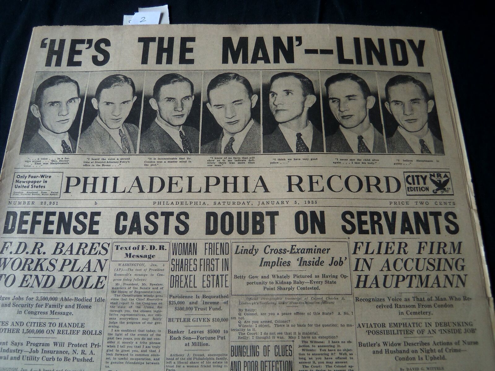 1935 JANUARY 5 PHILADELPHIA RECORD NEWSPAPER - HE'S THE MAN LINDY - NT 7252
