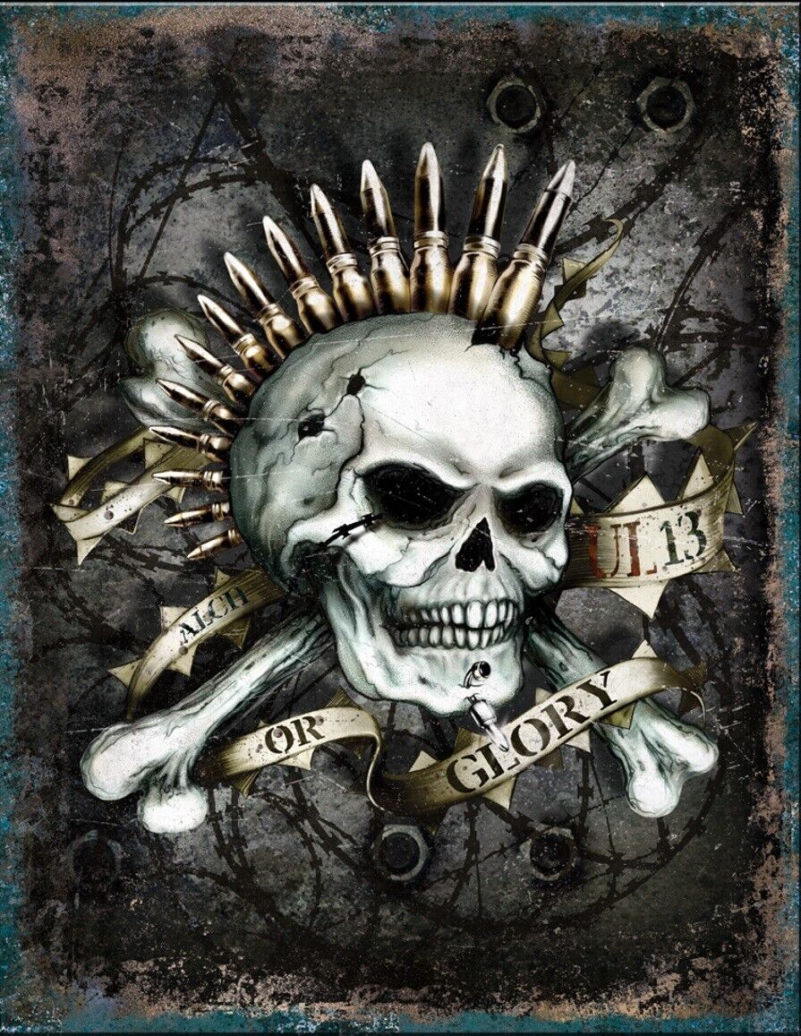 Alchemy Glory Skull Military Motorcycle Whiskey Garage Harley Service Metal Sign
