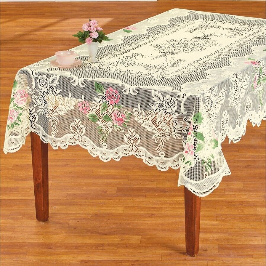 Elegant Pink Rose Lace Valentines Day Polyester Square Tablecloth