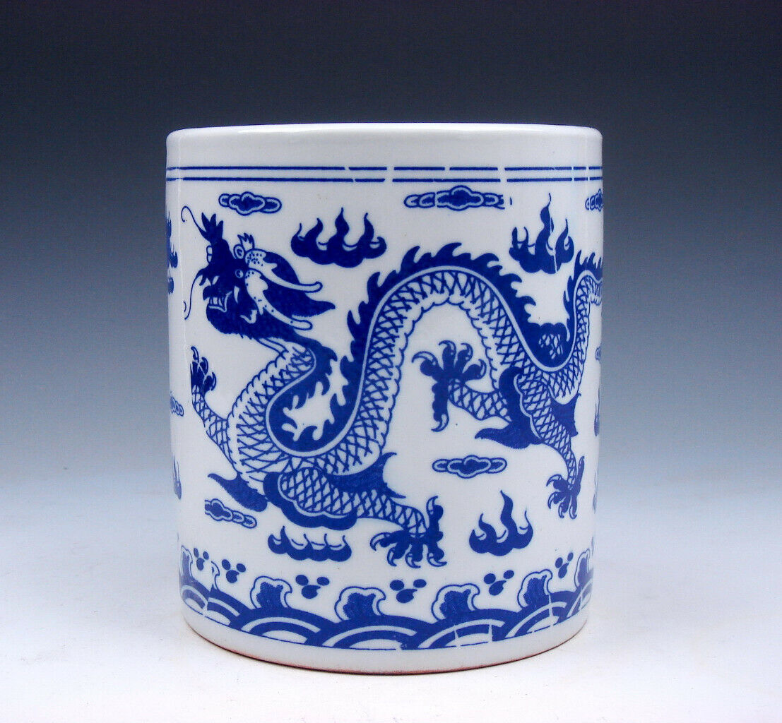 Blue&White Glazed Porcelain Double Dragons Fire Flames LARGE Brush Pot #04292002