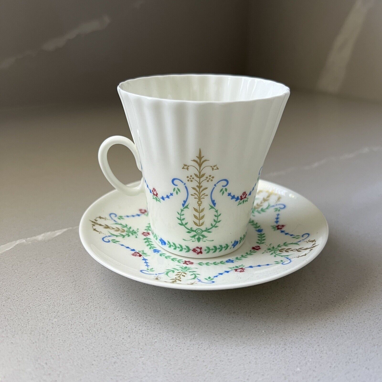 Russian Lomonosov Teacup & Saucer Made in USSR Porcelain White Multicolor Vtg