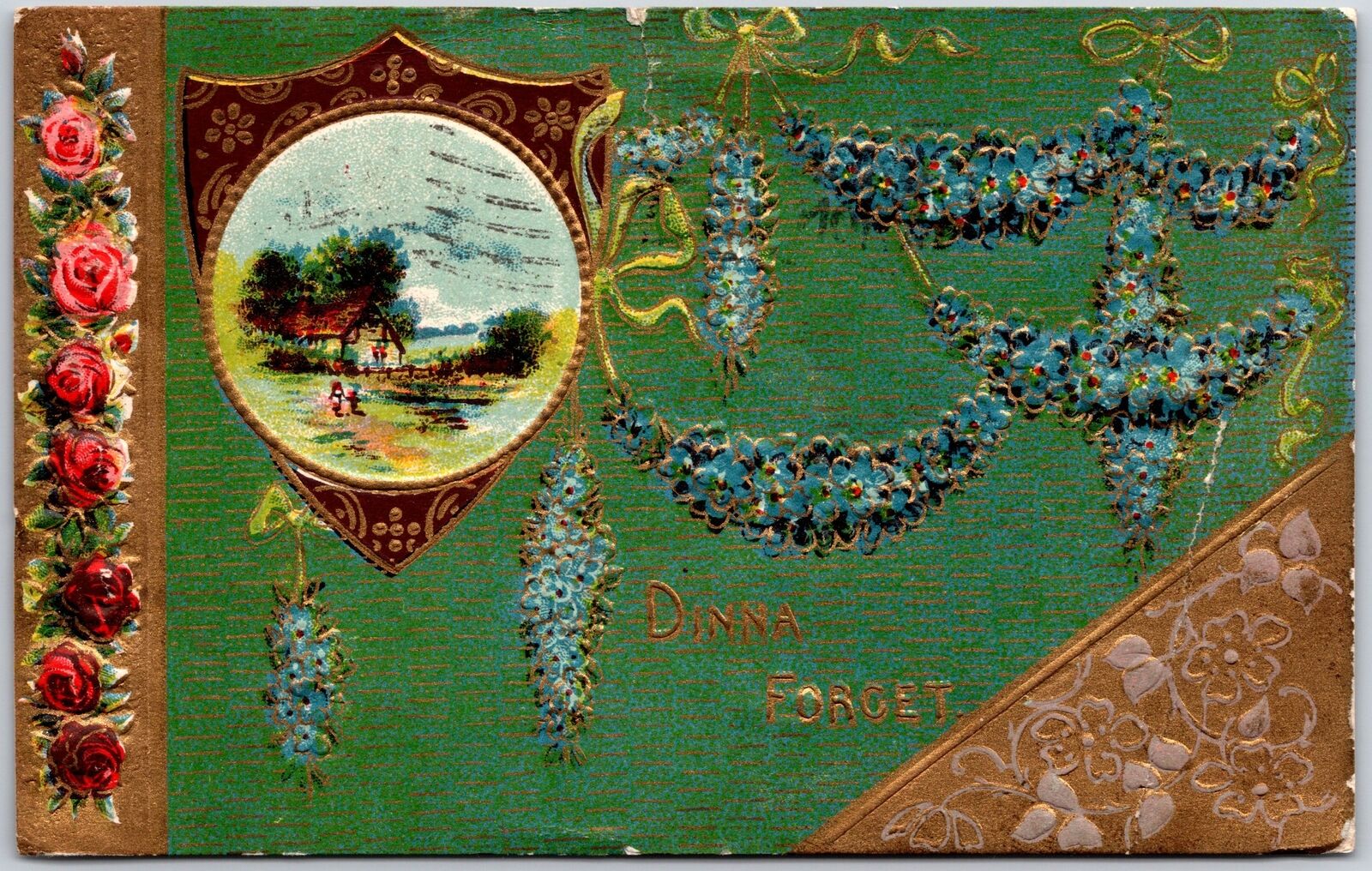 1910\'s Souvenir Dinna Forget Rose Border Forget Me Nots Landscape Postcard