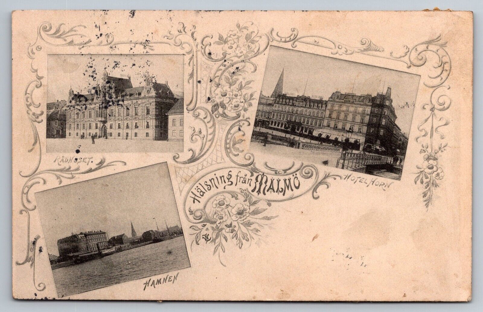 Malmo Sweden Vintage Postcard. Hotel Horn, Raduset, Hamnen. 1900s