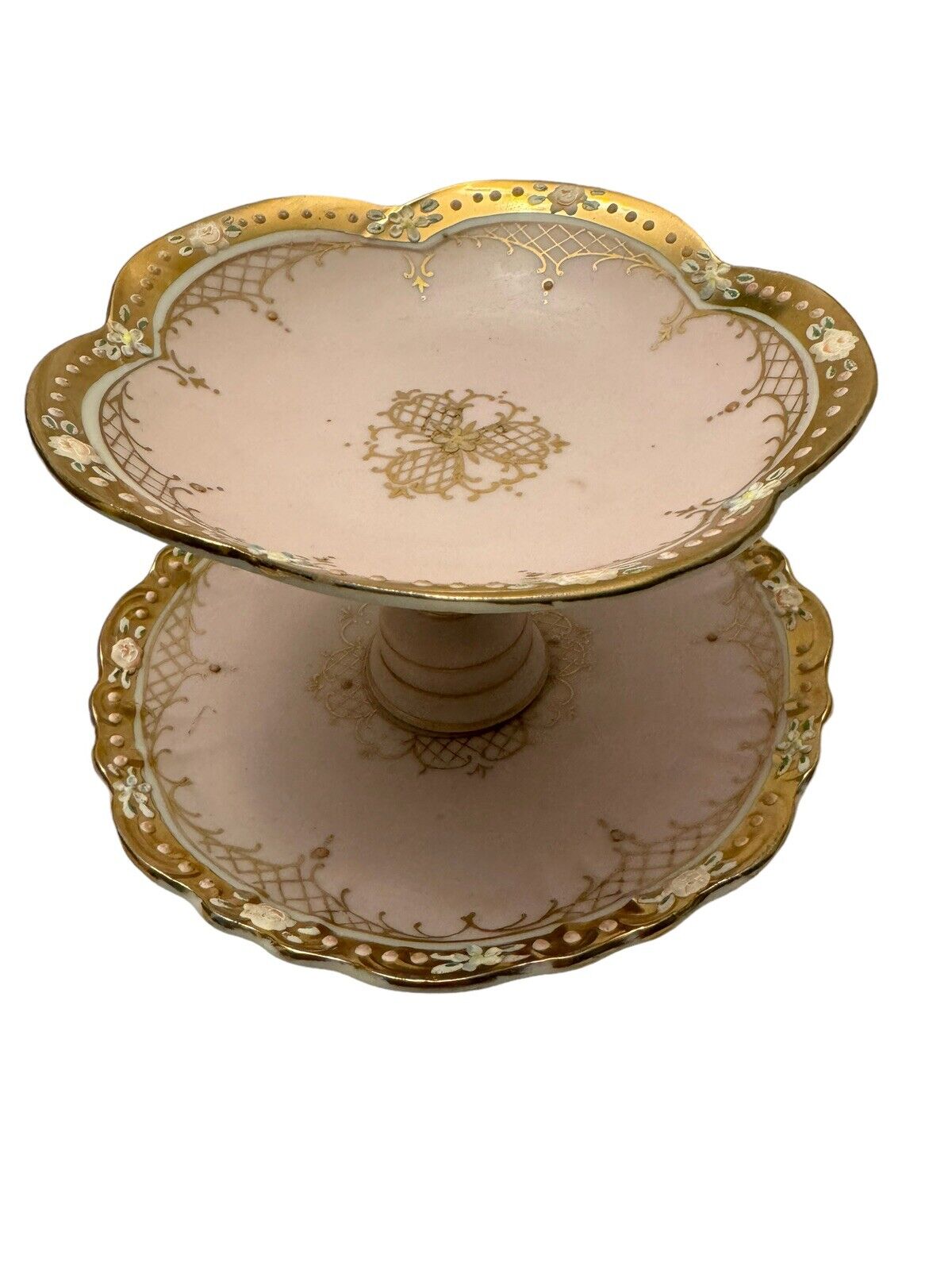 Vintage Lenwile Ardalt Bisque Porcelain 2 Tier Dish 24K Gold Hand Painted Japan