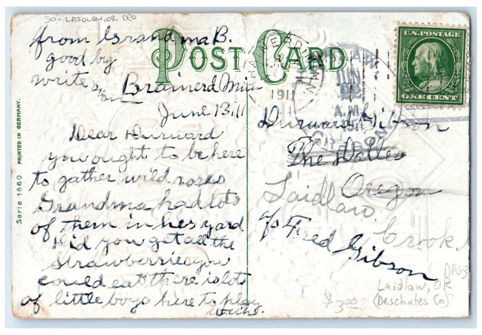 1911 To Darling Baby Pansies Flowers Embossed Laidlaw Oregon OR DPO Postcard