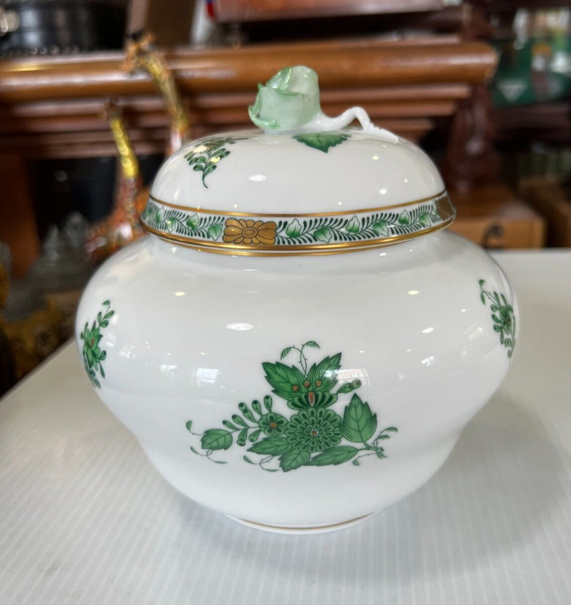 Herend Green Chinese Bouquet 7 Inch Diameter Jar with Lid