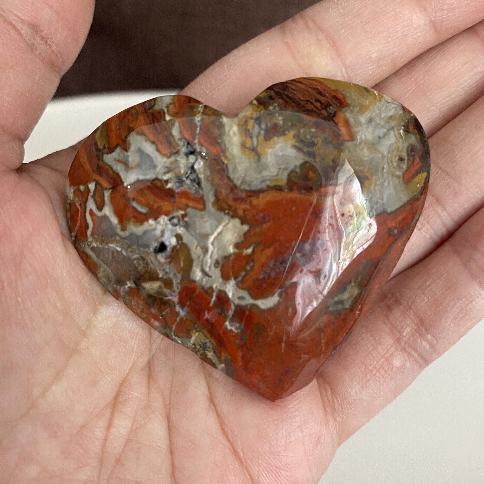 *Discounted Mexican Lace Agate Heart 5.3cm 61g Natural Crystal *Missing Bottom
