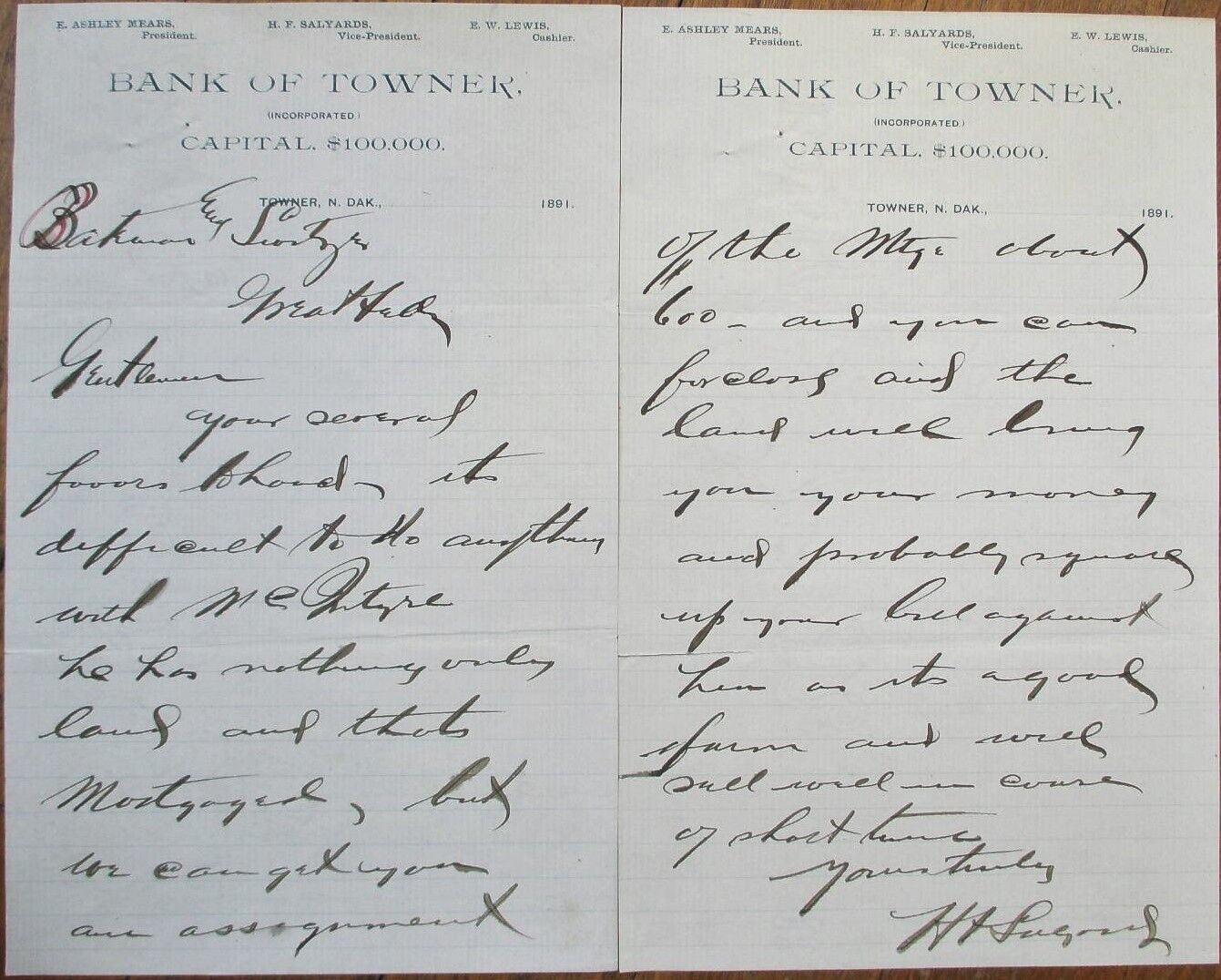 Towner, ND 1891 Letterhead Pair, Bank of Towner, North Dakota