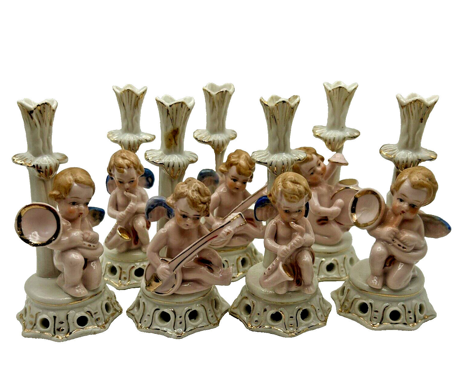 Vintage Cherubs Angels Playing Instruments Candle Holders Lot Of 7 Marked Japan