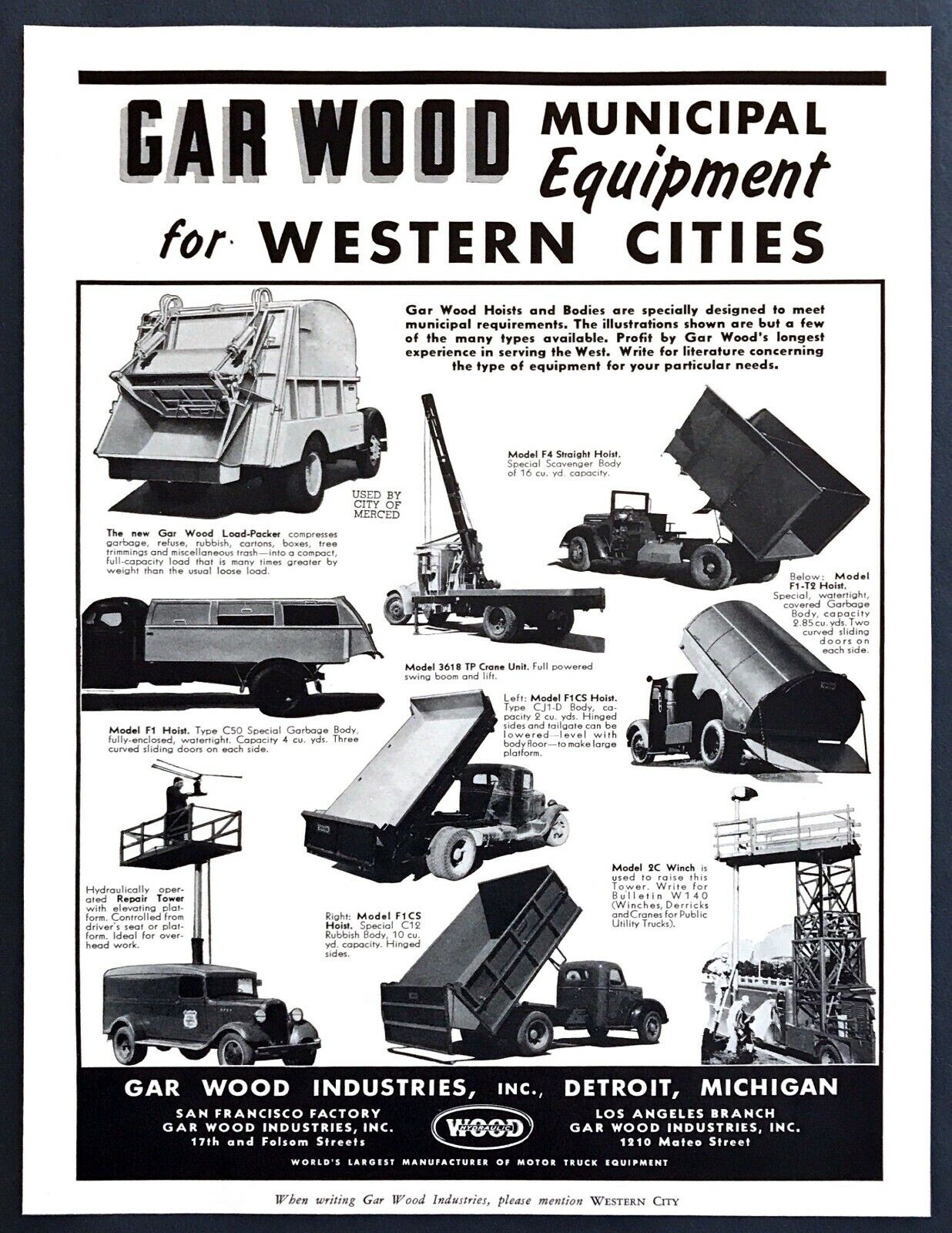 1942 Gar Wood Hoists & Load Packer Trucks for 9 Municipal Needs vintage print ad