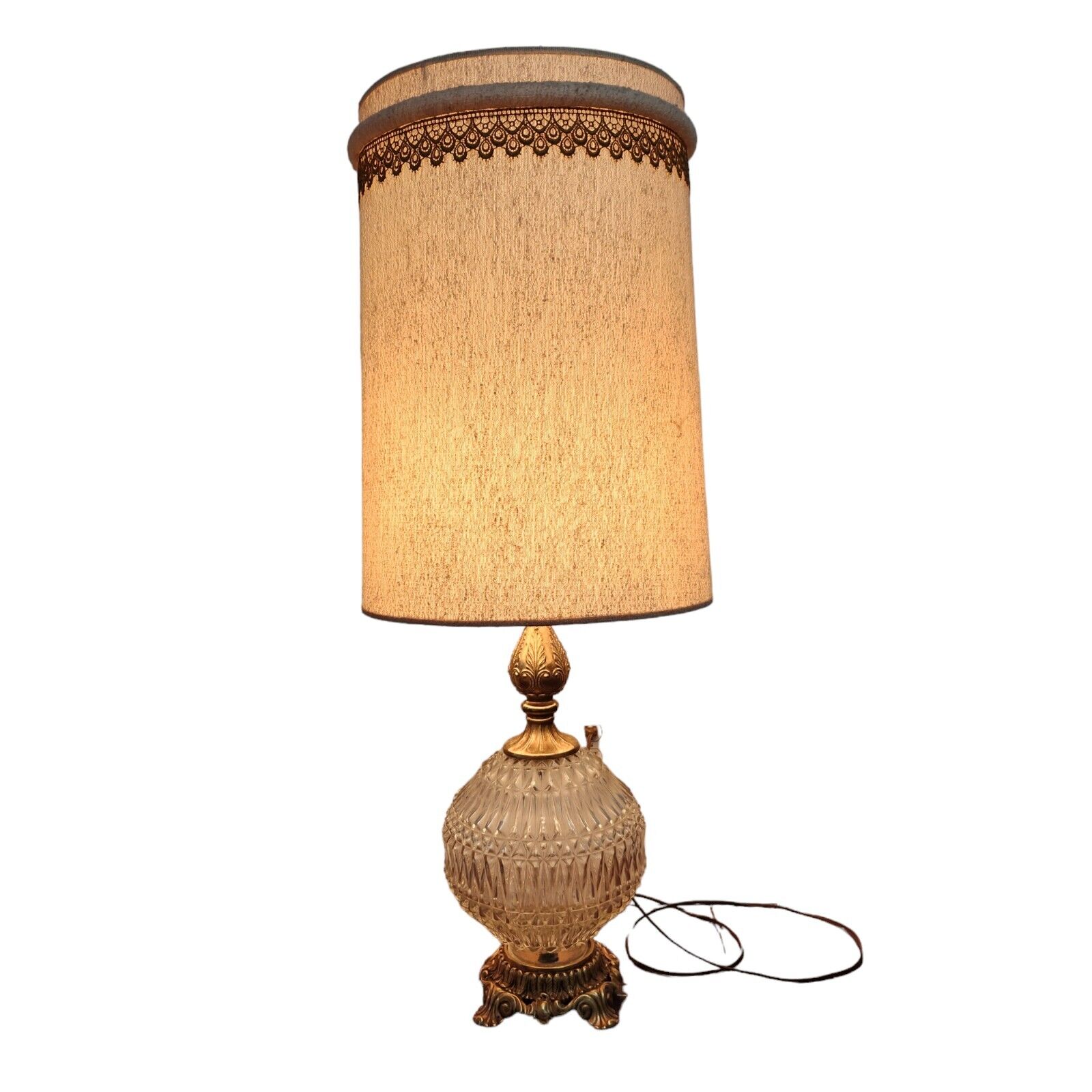 Hollywood Regency MCM Lamp with Boucle Shade Glass with Gold Scroll Base