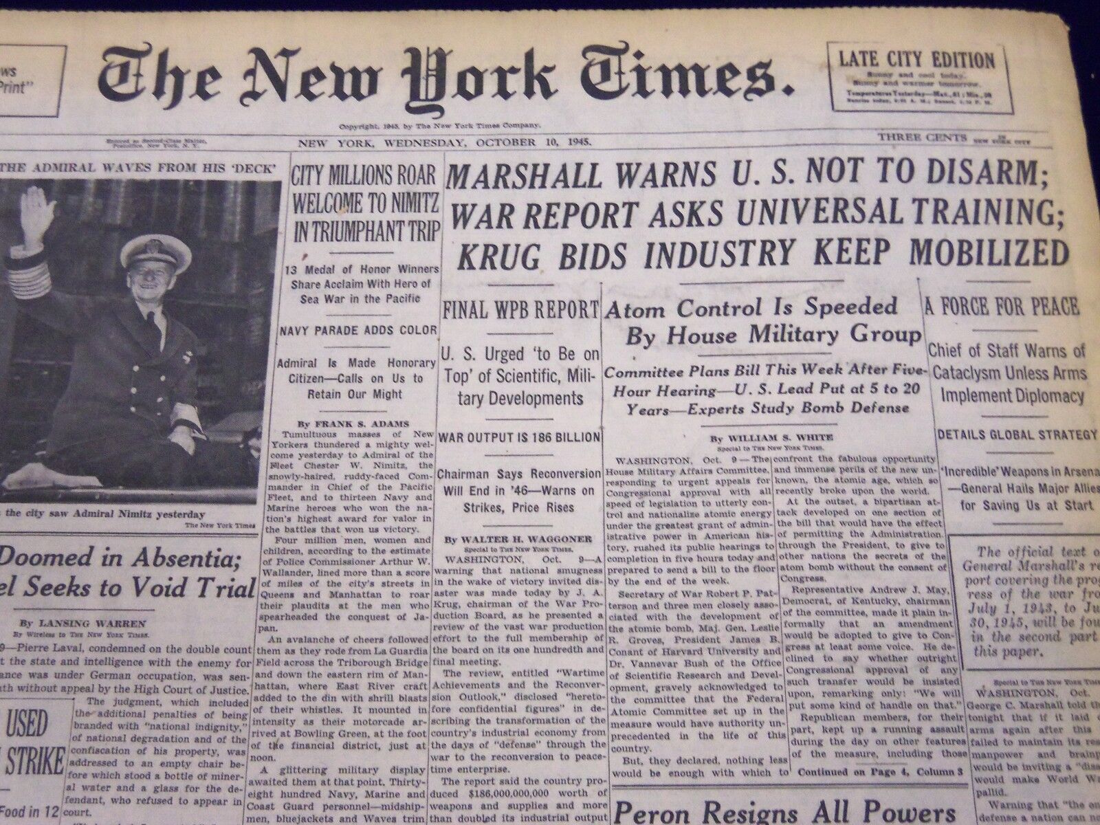 1945 OCT 10 NEW YORK TIMES - CITY MILLIONS ROAR WELCOME TO NIMITZ - NT 275