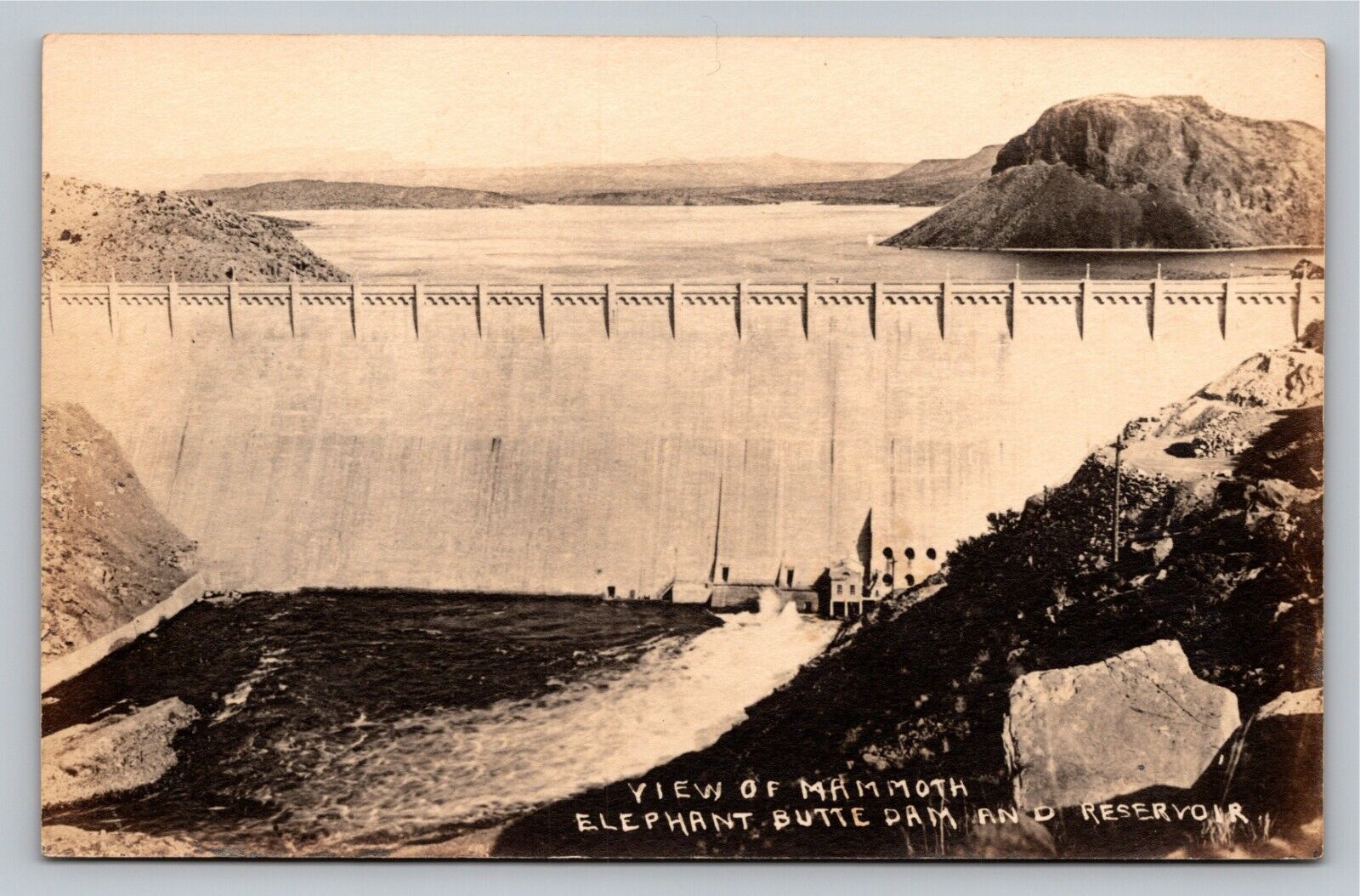 RPPC Birds Eye View Mammoth Elephant Butte Dam Reservoir Antique Photo Postcard