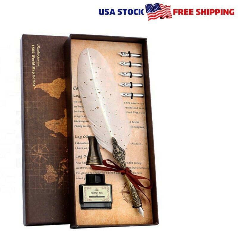 Retro Quill Feather Pen Dip Set For Writing Gift Box 5 Nibs White - FAST ship