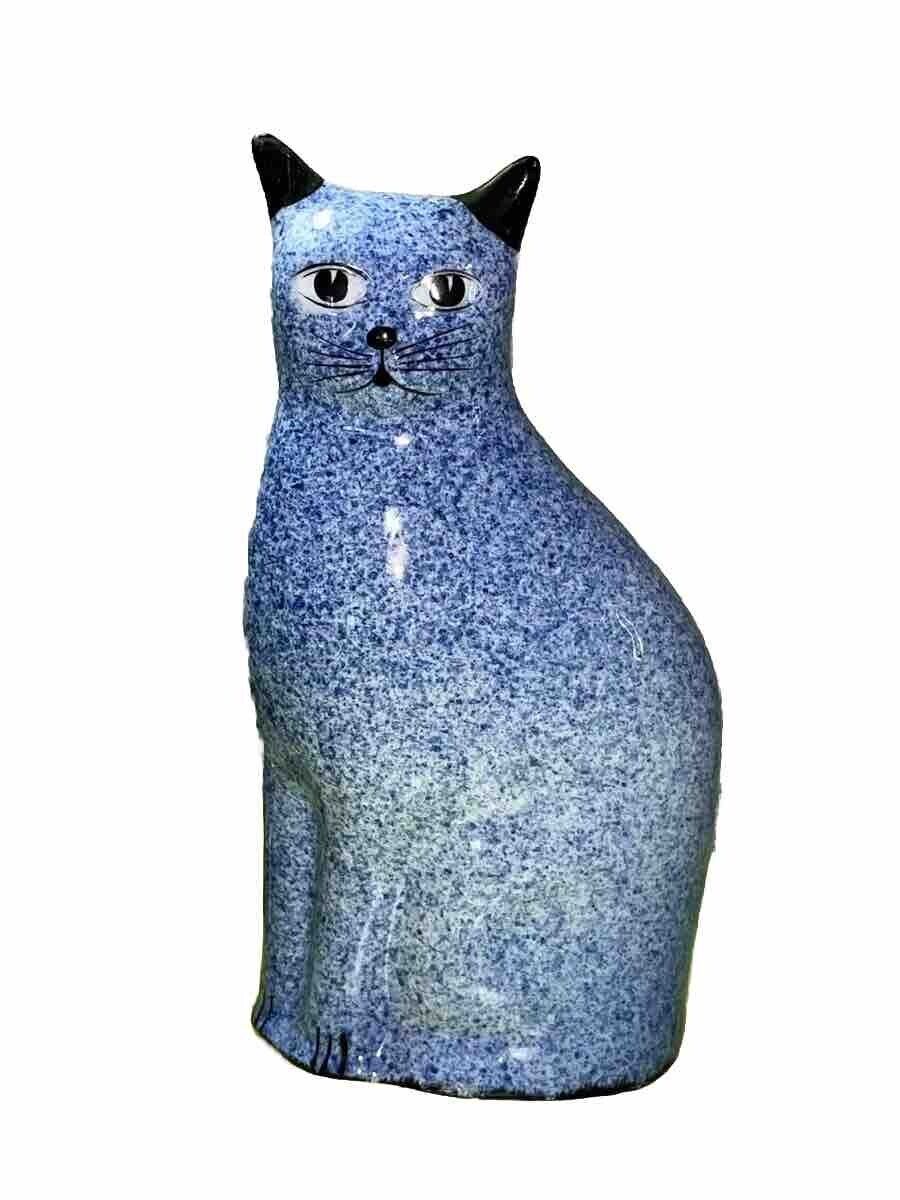 VTG Blue Speckled Ceramic Cat Statue Figure Kitty Kitten Folk Art Style 10” EUC