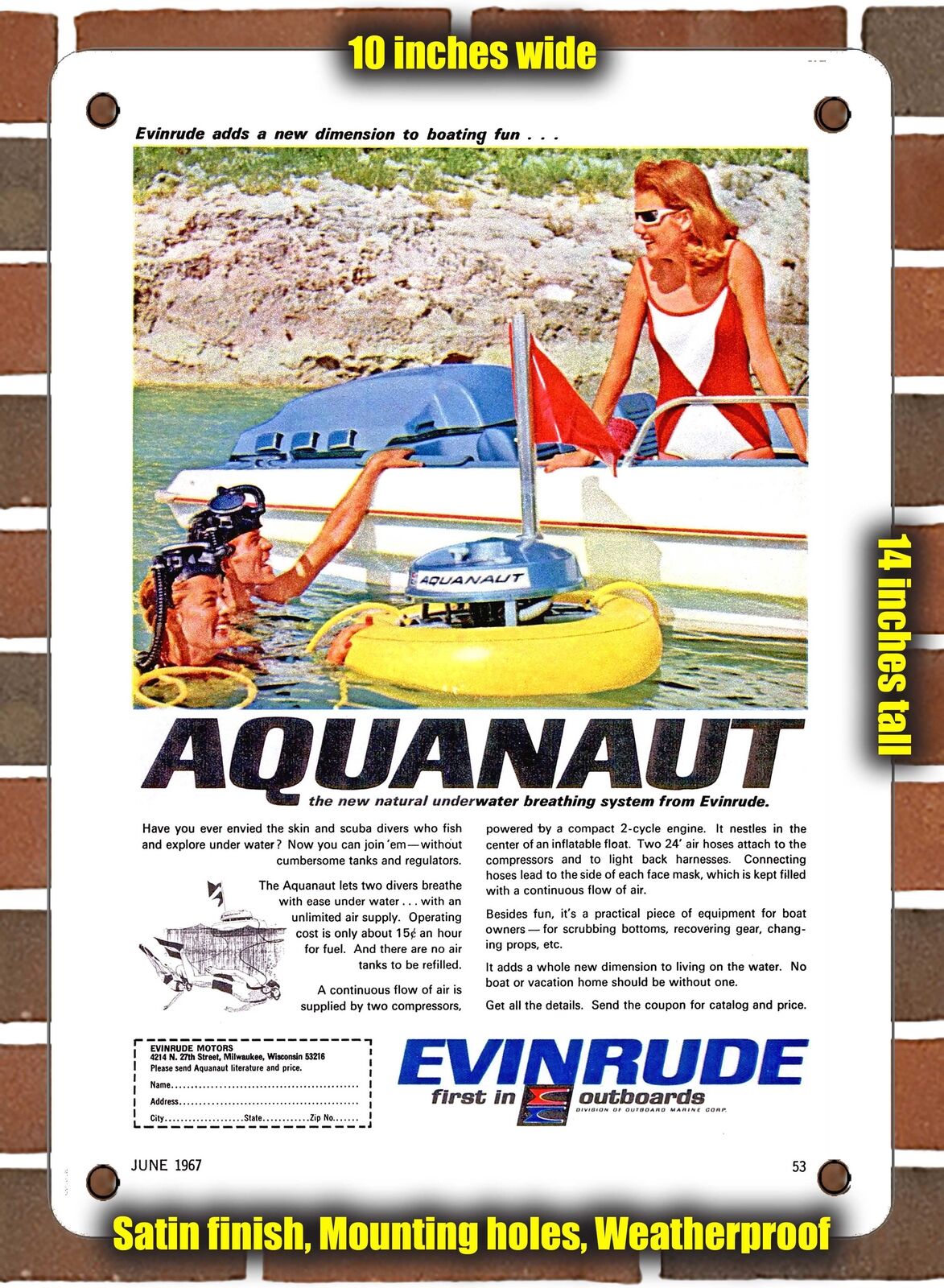 METAL SIGN - 1967 Aquanaut Evinrude - 10x14 Inches