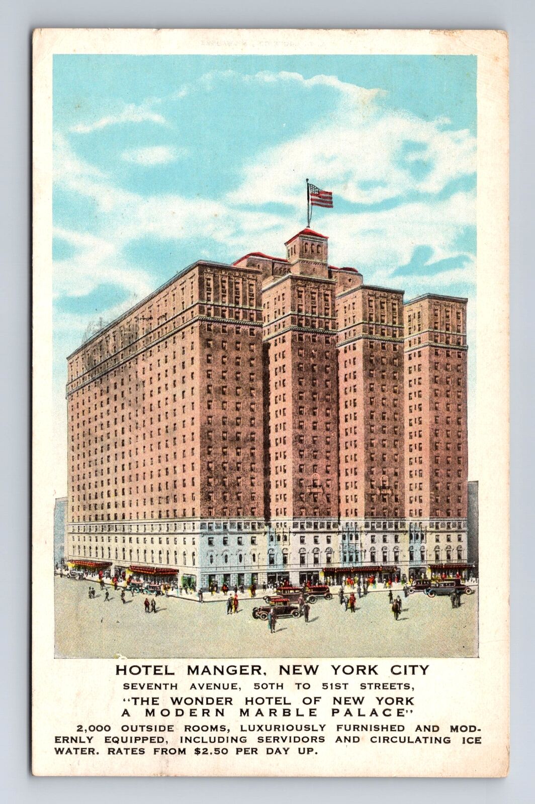 New York City NY, Hotel Manger Advertising, Vintage c1929 Souvenir Postcard