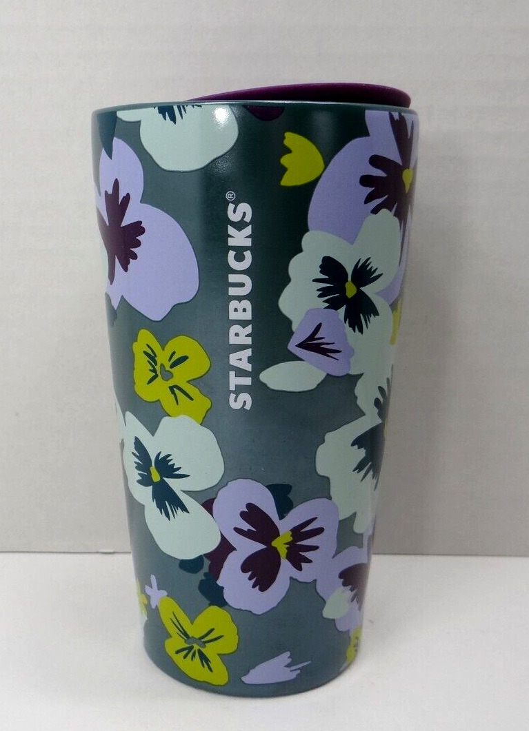 Starbucks Floral Pansies Green Purple Ceramic Travel Coffee Cup 12oz NWOB