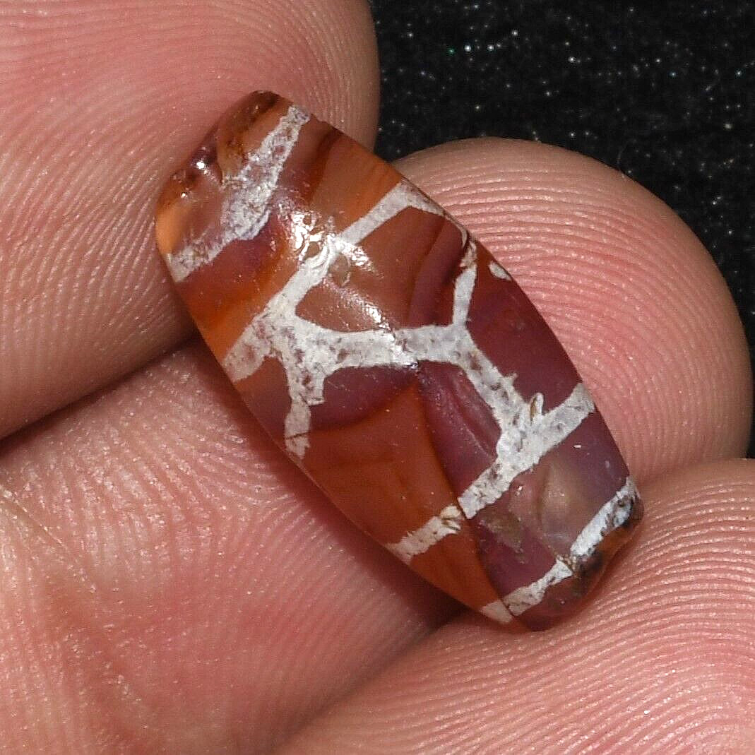 Ancient Central Asian Etched Carnelian Longevity Dzi Bead with Football Pattern