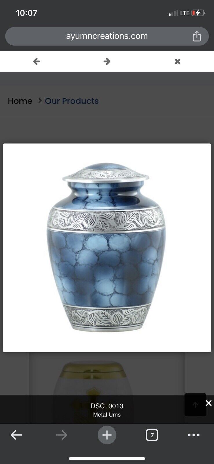 Medium Blue And Silver Ceramic Urn 10.5